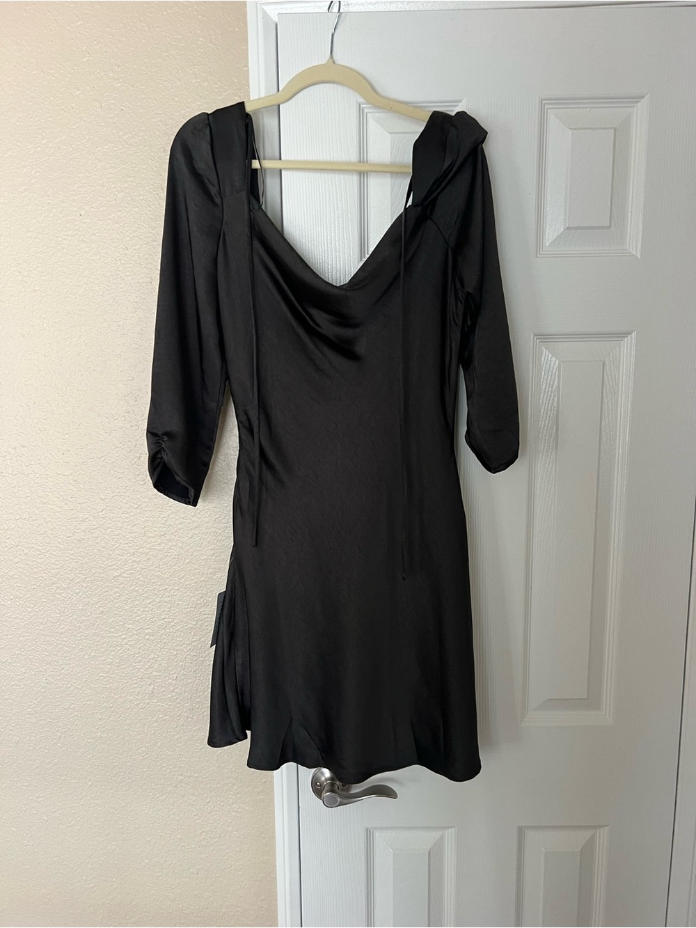 Lush Black Satin Cowl Mini Dress with Puff Shoulders